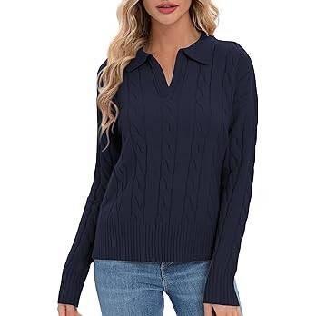 Urban CoCo Womens Long Sleeve V Neck Pullover Polo Sweater Tops Cable Knit Sweaters Winter Trendy... | Amazon (US)