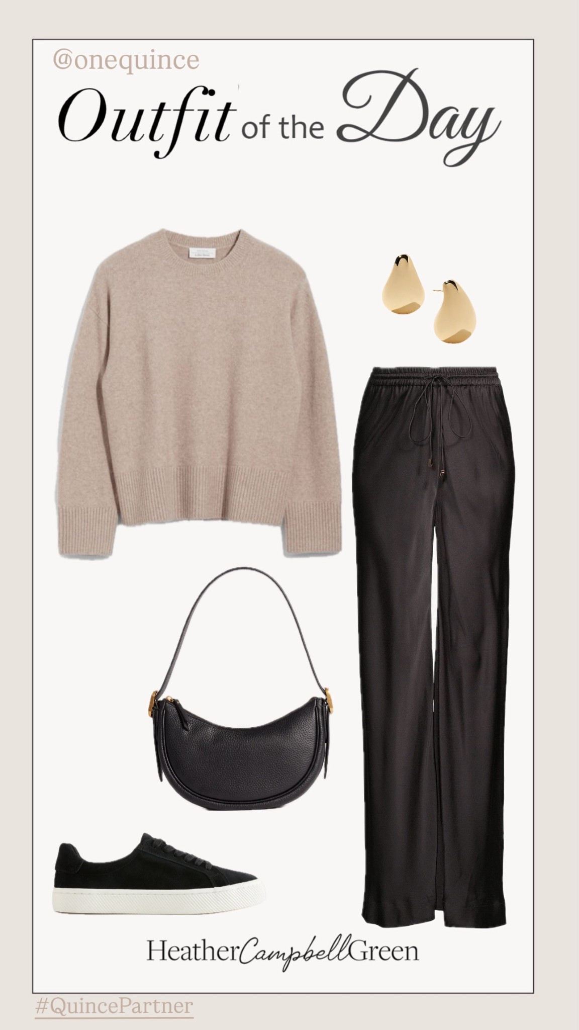Effortless fall chic 🍂✨ Neutral sweaters, classic black jeans à la Zoe Kravitz, and retro sneakers = the ultimate celebrity off-duty look. This minimalist @onequince outfit blends casual luxe with timeless staples—think Jennifer Aniston’s cozy neutrals meets Dakota Johnson’s street style. #QuincePartner