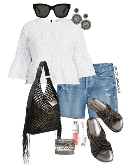 Plus Size Eyelet Top Outfits - A plus size summer outfit idea with an eyelet top, denim shorts, statement earrings, and embellished sandals by Alexa Webb.

#LTKSeasonal #LTKPlusSize #LTKStyleTip