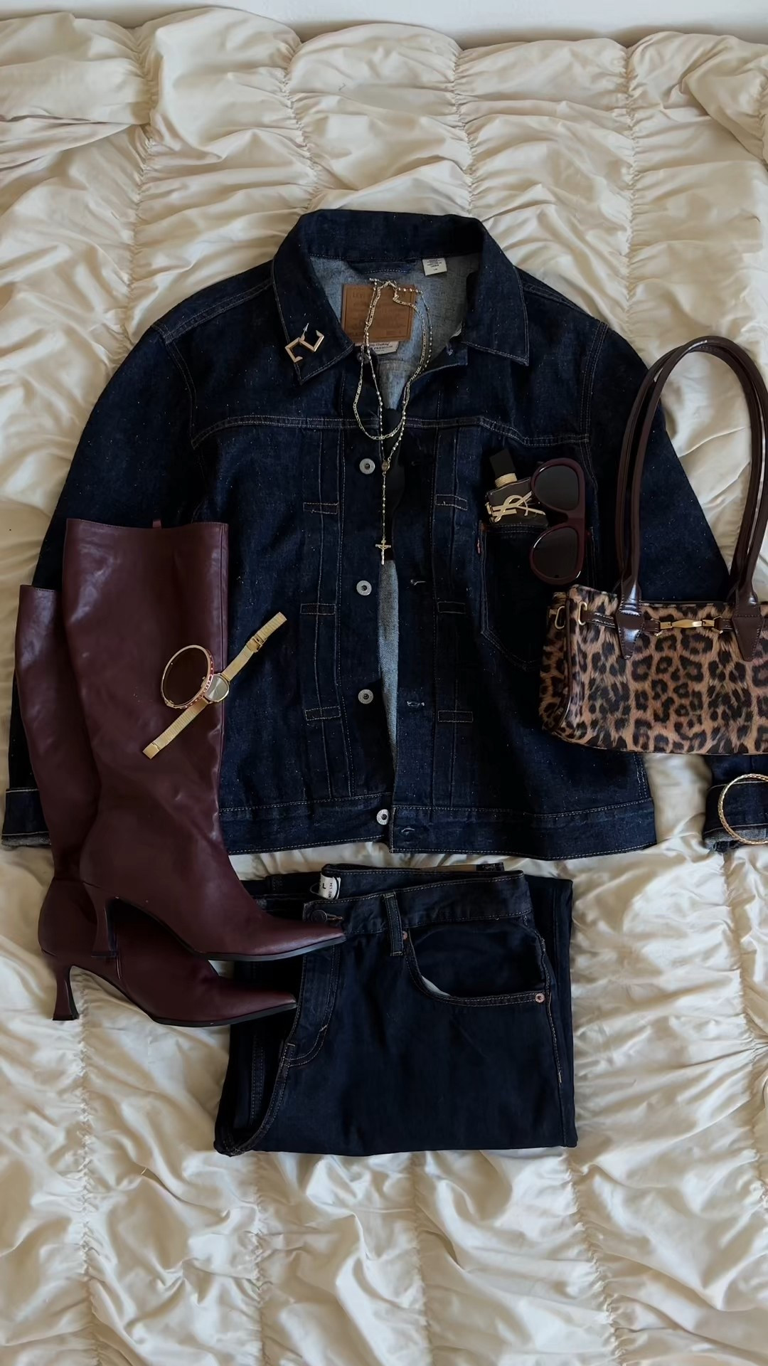 Dark denim on denim outfit of the day it girl, streetwear, jacket, jeans, animal print 2026 

#LTKSeasonal #LTKTall #LTKootd