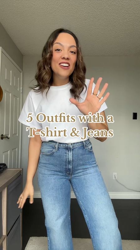 How to style a T-shirt and jeans 5 ways! 

Jeans: Mother denim dodger sneak in the colour strike a pose. A high rise wide leg medium wash jean. I am usually a size 29 but sized down to a 28 in these. 

T-shirt: white boxy T-shirt. Mine is from Reona, similar options linked!

Outfit 1:
-Sézane black knit cardigan. I have a large. 
-Belt (same in all outfits) is a black belt with gold hardware from Aritzia. 
-Cream ballet flats. 
-Coach tabby bag in black pebble leather. 
-Celine Triomphe sunglasses (same in all). 

Outfit 2:
-Black oversized blazer from Aritzia. I have a medium. 
-Gold slingback heels, similar linked. 
-Accessories same as above. 

Outfit 3:
-Oak + Fort oversized long trench coat. I have the colour brindle and a size medium. 
-Adidas samba sneakers. 
-Arket mini crossbody bucket bag in black. 

Outfit 4:
-Old Navy striped button up shirt. I sized up to a large to get an oversized fit. 
-Steve Madden red buckled pointed flats. 

Outfit 5:
-Grey crewneck sweatshirt, similar linked. 
-Adidas gazelle sneakers. 
-Ganni leopard print tote bag. 


#LTKstyletip #LTKSeasonal #LTKVideo