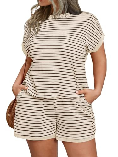Beautife Womens Plus Size Lounge Set 2 Piece Outfits Stripe Short Sleeve Shirts Tops Shorts Summe... | Amazon (US)