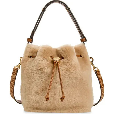 Tory Burch T Monogram Genuine Shearling Bucket Bag in Teddy at Nordstrom | Nordstrom