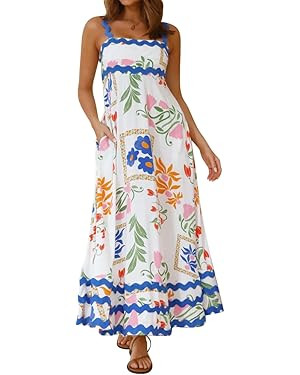 IDOPIP Womens Summer Casual Dress Beach Floral Maxi Dress Elegant Spaghetti Sleeveless Smocked Su... | Amazon (US)
