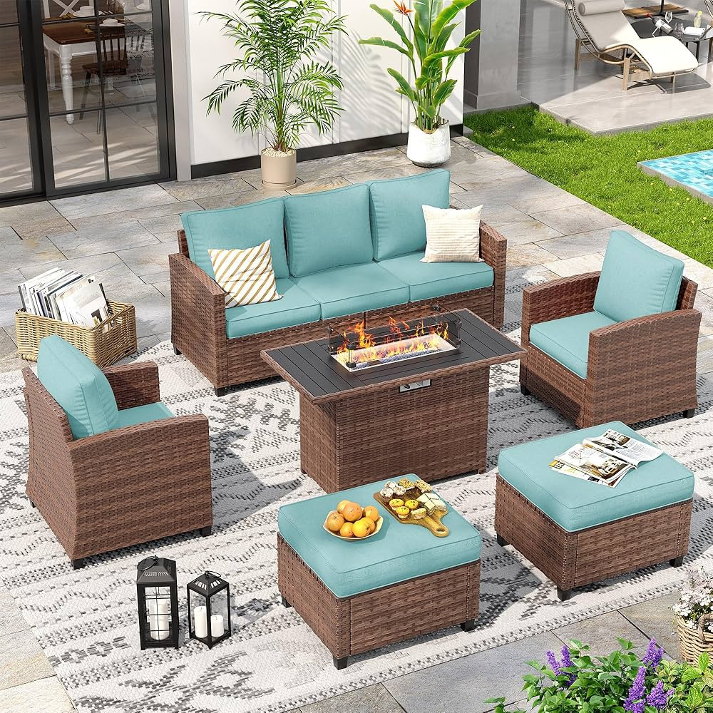 6 Pieces Patio Furniture Set with 44" Gas Fire Pit Table, Outdoor Sectional Conversation Sets, Al... | Amazon (US)
