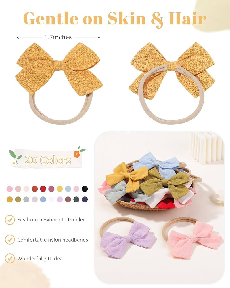 jollybows 20pcs Baby Girls Nylon Hair Bows Headbands Linen Hair Bands Elastic Hair Accessories fo... | Amazon (US)