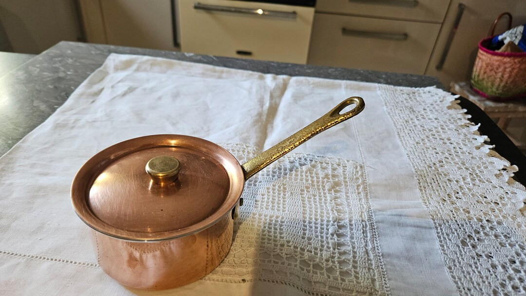 A small copper sausepan for measuring 10cm diameter with lid beautiful condition brass handle riv... | Etsy (US)