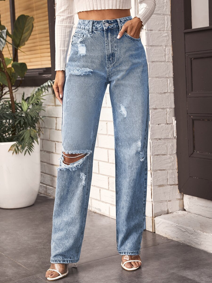 High Waist Ripped Straight Leg Jeans | SHEIN