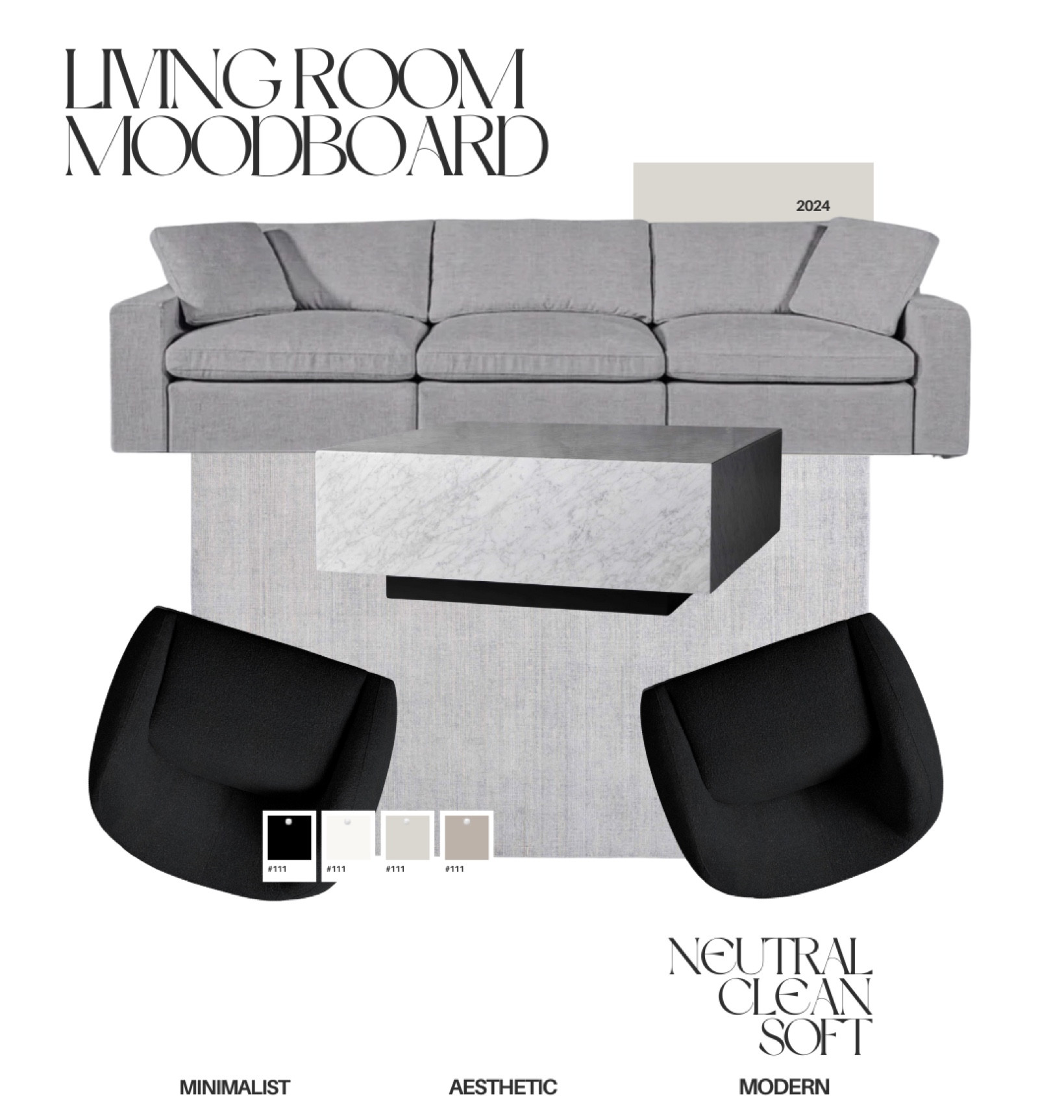 Luxury cool toned living room design. Grey modular sofa with black swivel chairs. Marble look coffee table and grey rug. Simple & minimal but luxury. 

#LTKhome #LTKstyletip #LTKSeasonal
