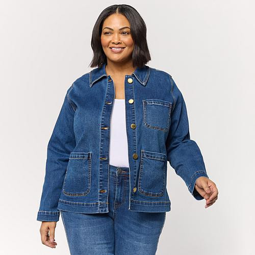 DG2 by Diane Gilman Lux Touch Denim Patch Pocket Utility Jacket - Brown - Size Petite/X Large | HSN