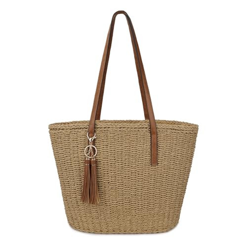 Womens Large Straw Tote Bag Handmade Woven Shoulder Tote Handbag Summer Beach Purse with Tassel (Khaki) | Amazon (US)