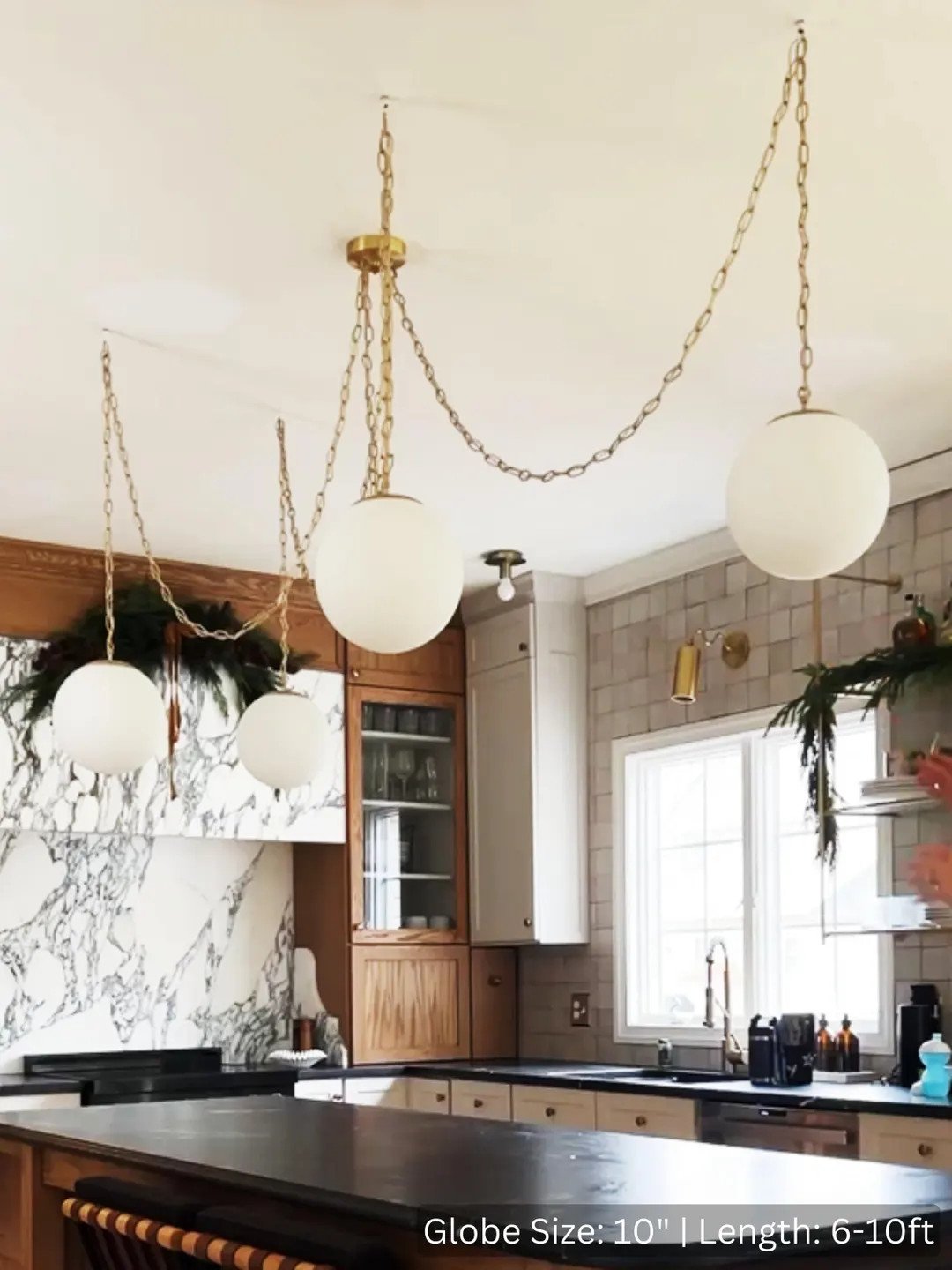 Chandelier Brass Chain Swag Chandelier White Glass Globe Shades - Modern Chandelier - Kitchen Pen... | Etsy (US)