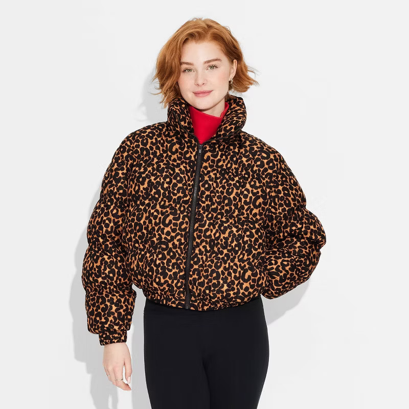 Women's Puffer Jacket - Wild Fable™ Brown Leopard Print L | Target
