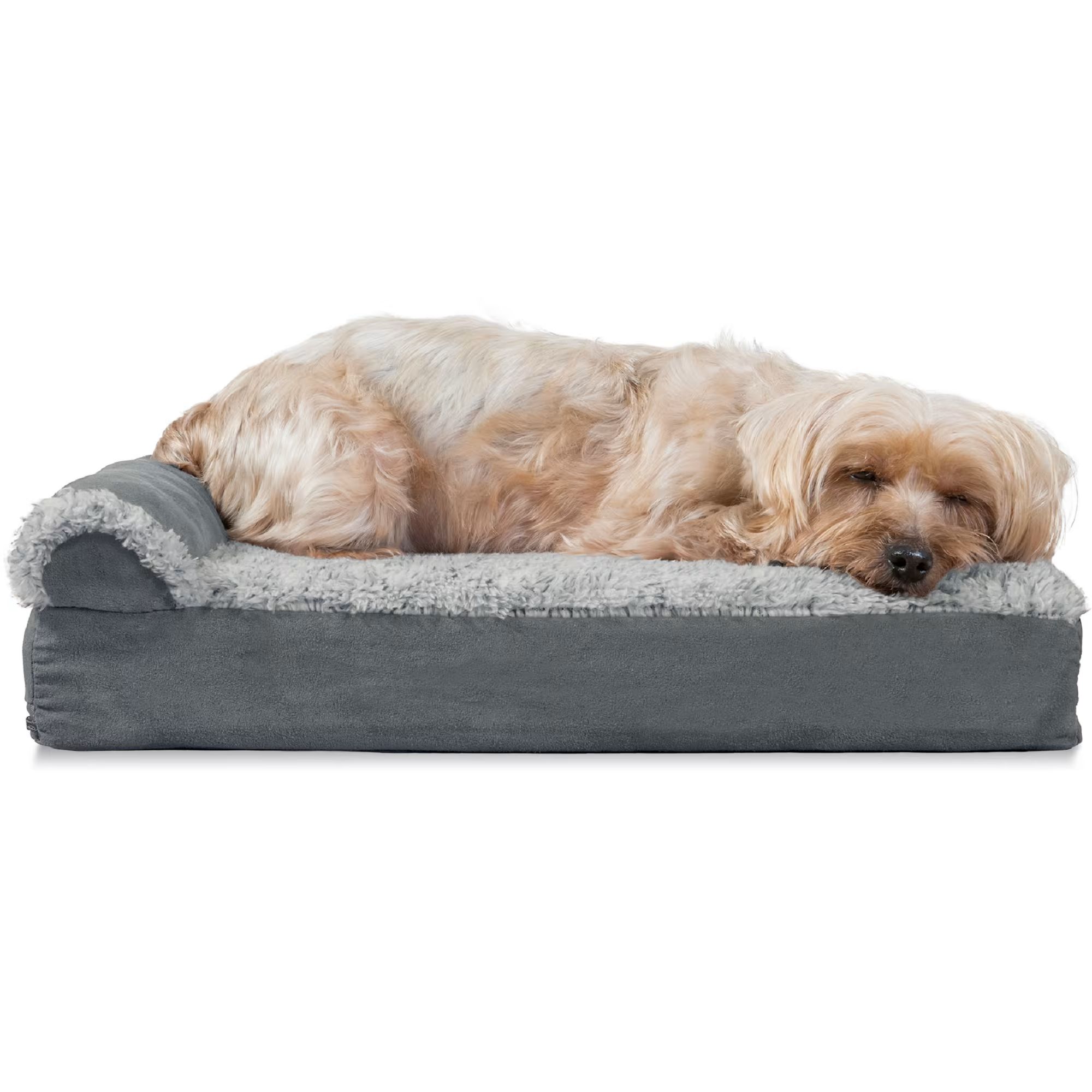 FurHaven Two-Tone Faux Fur & Suede Deluxe Chaise Lounge Orthopedic Sofa Dog Bed Stone Gray, 20" L... | Petco