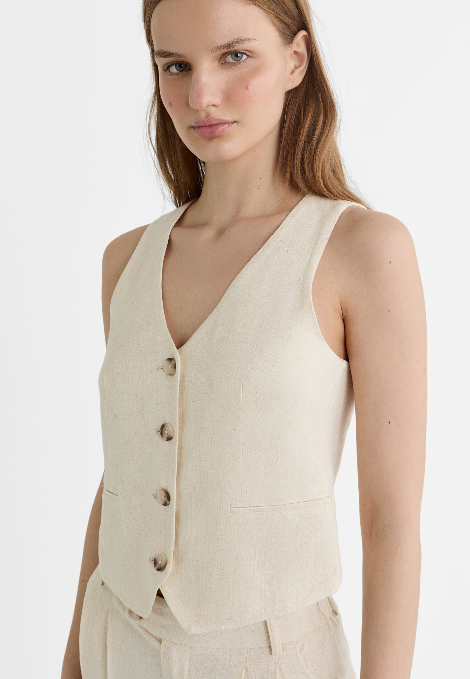 Short linen blend waistcoat - Women's fashion | Stradivarius United Kingdom | Stradivarius (UK)