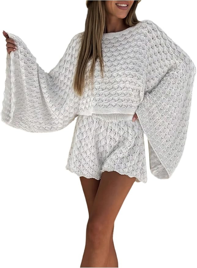 MakeMeChic Women's 2 Piece Sets Crochet Cover Ups Bell Sleeve Top Mini Shorts Outifts Swimsuit Co... | Amazon (US)
