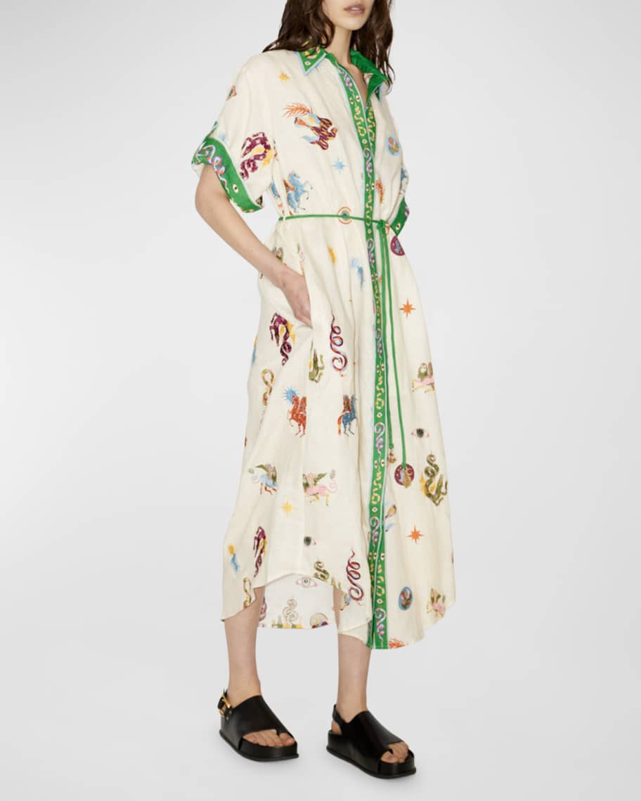ALEMAIS Seeker Embroidered Linen Tie-Belt Midi Shirtdress | Neiman Marcus