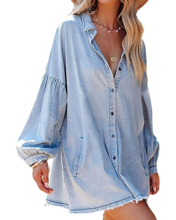 loveimgs Women's Oversized Distressed Denim Button Down Tunic Shirt Dress with Pockets | Amazon (US)