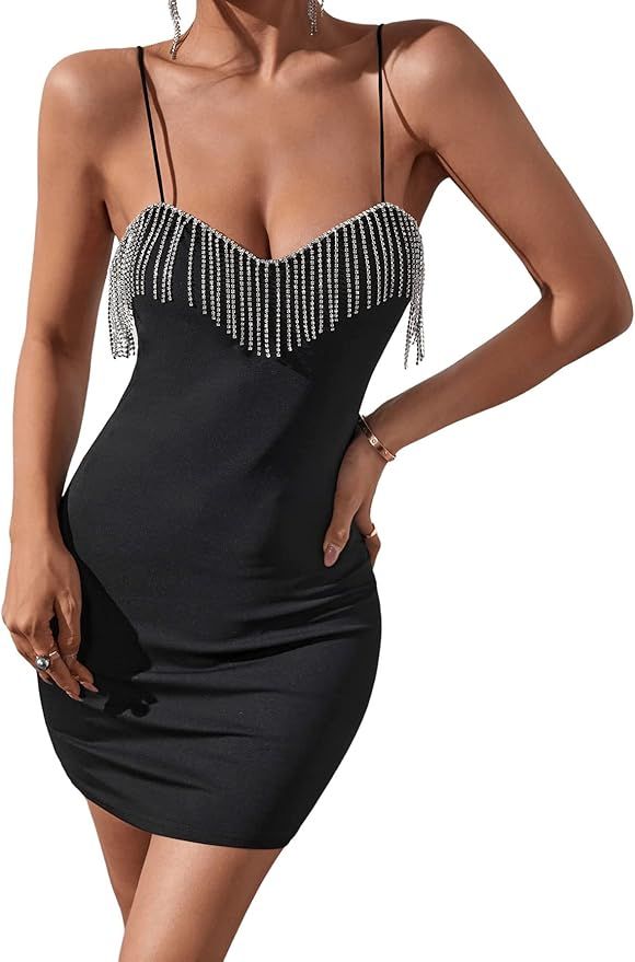 SweatyRocks Women's Spaghetti Strap Cami Dress Rhinestone Fringe Bodycon Mini Dresses | Amazon (US)