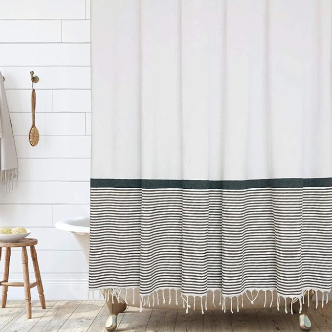Modern Farmhouse Tassel Shower Curtain 100% Cotton Striped Fabric Shower Curtain with Tassels for... | Amazon (US)