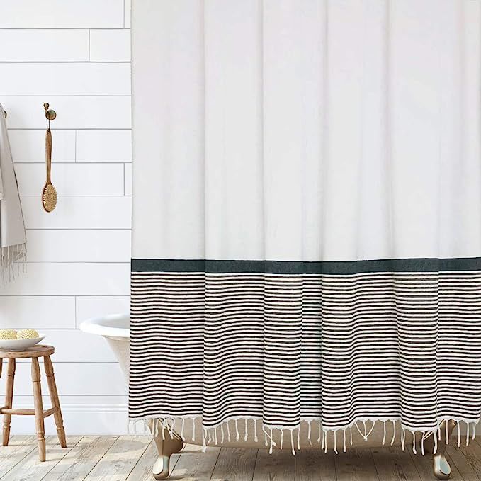 Modern Farmhouse Tassel Shower Curtain 100% Cotton Striped Fabric Shower Curtain with Tassels for... | Amazon (US)