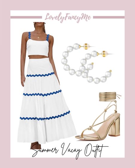 Summer Vacay Outfit Idea: pearl hoop earrings, strappy lace-up gold block heels, matching set top and maxi skirt. Xoxo, Lauren 

Summer outfit | sandals | white dress set | travel outfit | summer vacation outfit | graduation outfit 

#LTKTravel #LTKShoeCrush #LTKFindsUnder100