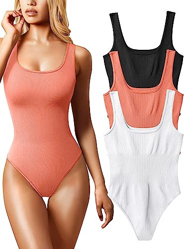 OQQ Women's 3 Piece Bodysuits Sexy Ribbed Sleeveless Square Neck Tank Tops Leotard 2025 Trendy Outfits Black Coral orange White | Amazon (US)
