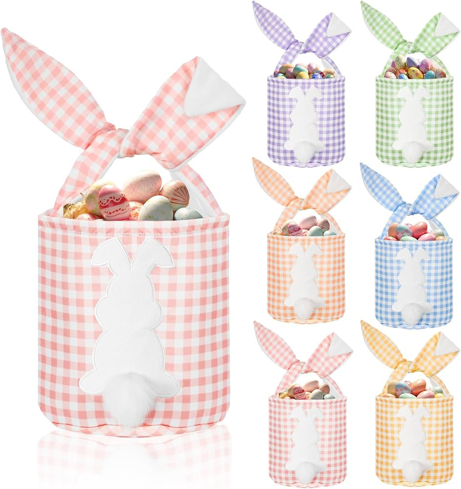 6 Pcs Easter Bunny Basket Bags Canvas Easter Eggs Tote Rabbit Print Bucket with Foldable Ears Emp... | Amazon (US)