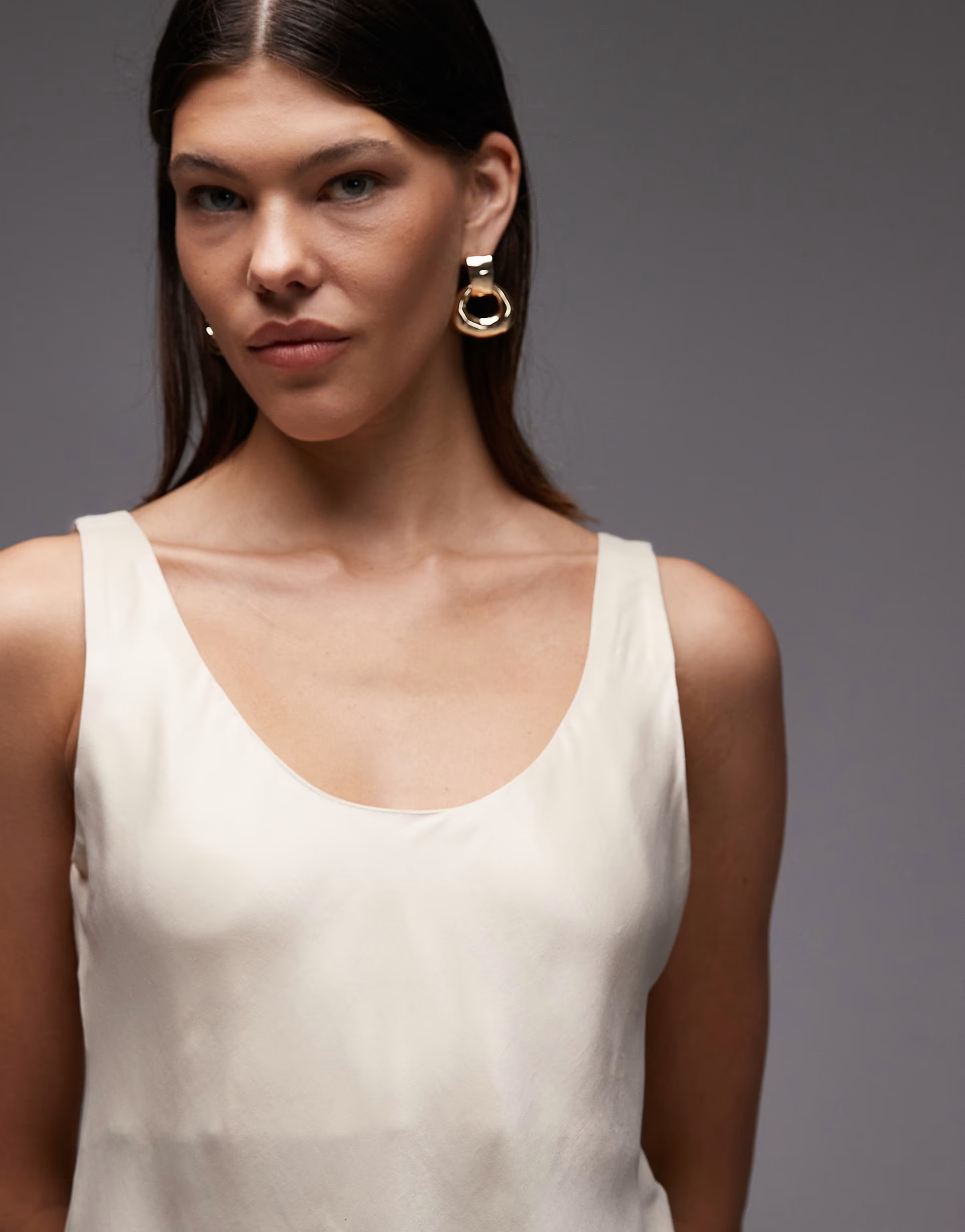 ASOS DESIGN satin scoop neck tank top in stone | ASOS (Global)