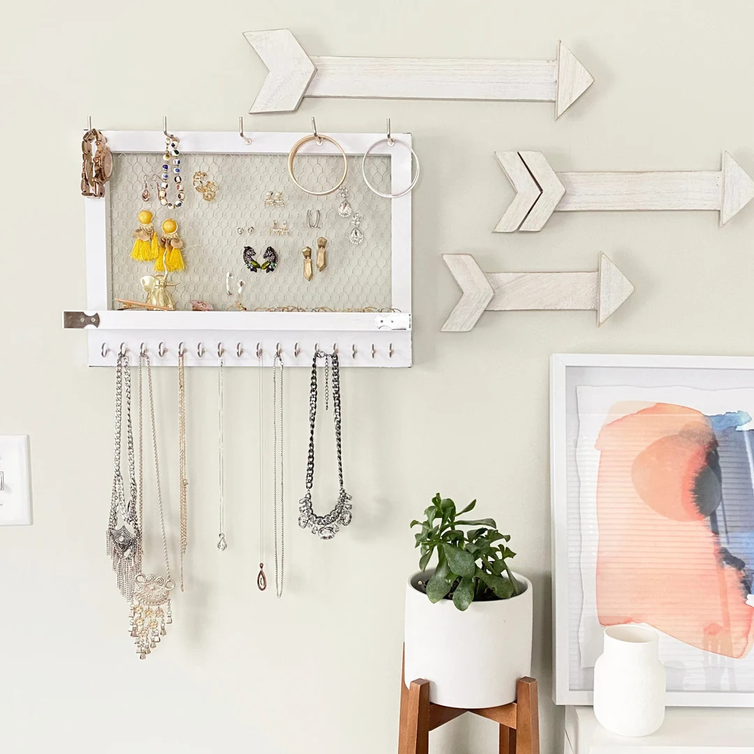 White Jewelry Organizer Wall, Earing Necklace Holder, Wall Jewelry Holder, Hanging Jewelry Organi... | Etsy (US)