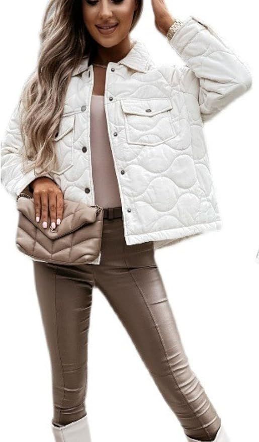 Doshow Women's Lightweight Quilted Jacket Casual Relax Button Lapel Padded Shacket Coat | Amazon (US)