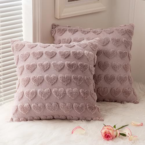 MIULEE Valentines Pillow Covers 16x16 Inch Set of 2 Valentines Day Blush Pink Heart Love Decorative Cute Soft Plush Faux Fur Throw Pillows for Girl Bedroom Couch Sofa Holiday Home Decor | Amazon (US)