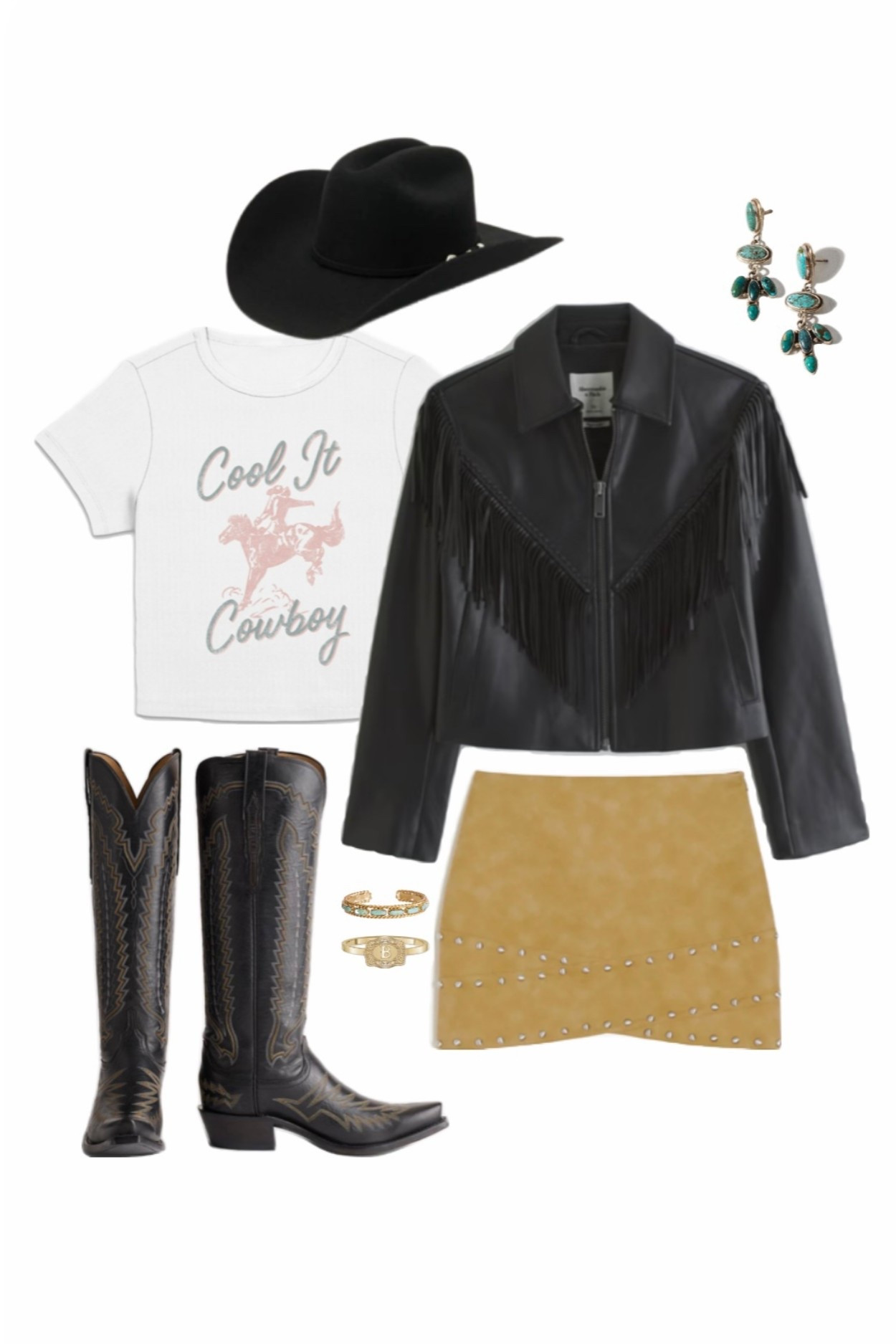 western outfit, cowboy outfit for women, western chic style, cowboy boots outfit, black fringe jacket, suede mini skirt, western graphic tee, cowgirl outfit ideas, country concert outfit, western fashion women, fall western outfit, rodeo outfit inspo, western street style, Nashville outfit ideas, cowgirl boots look