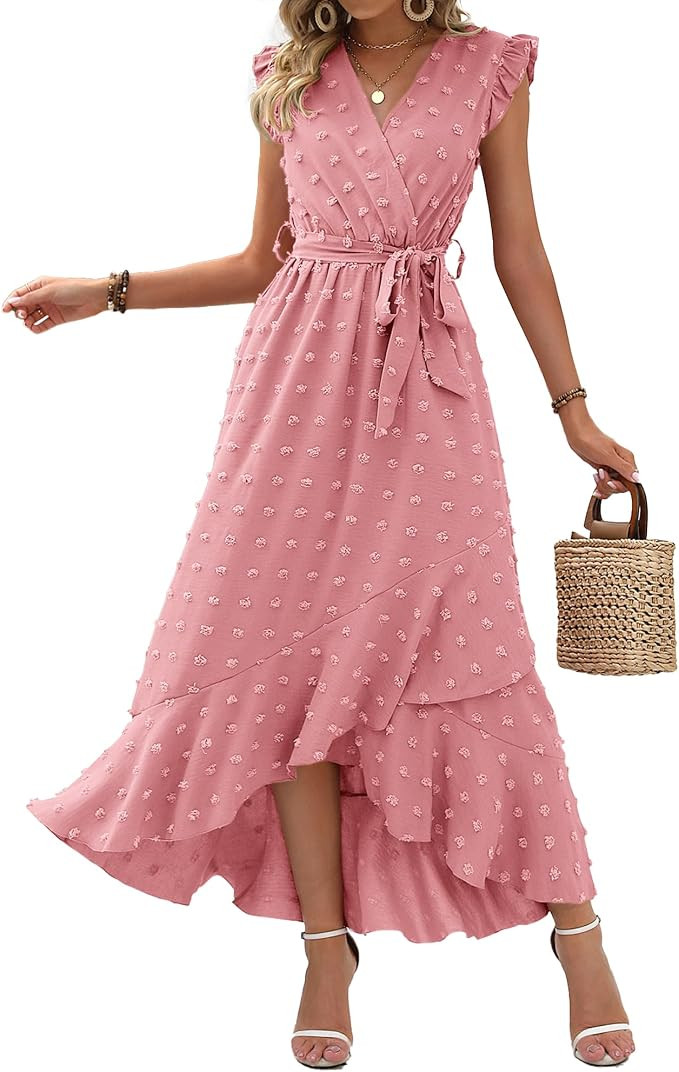 BTFBM Women V Neck Summer Dress 2025 Cap Sleeve Swiss Dot Boho Flowy Ruffle Slit Beach Party Long... | Amazon (US)