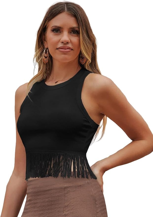 Floerns Women's Solid Sleeveless Racerback Fringe Hem Rib Knit Crop Tank Top | Amazon (US)