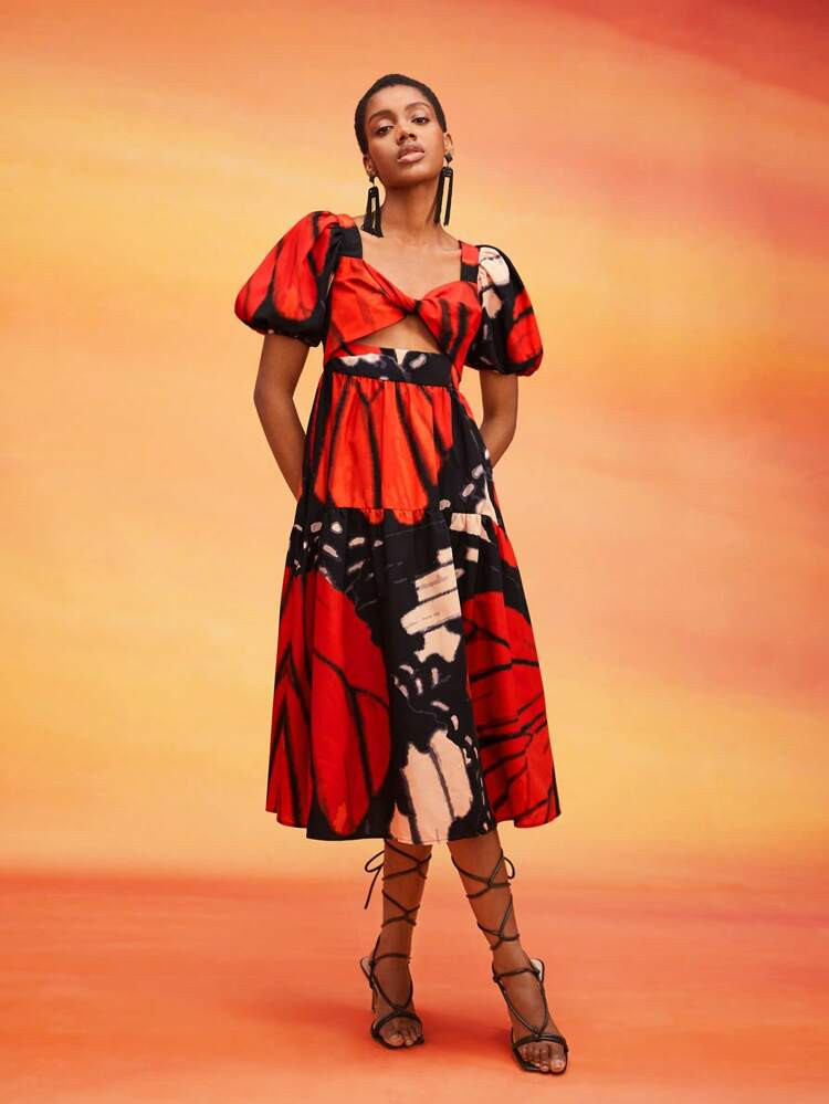 SHEIN X Israel Jasso Allover Print Puff Sleeve Cut Out Front Dress | SHEIN