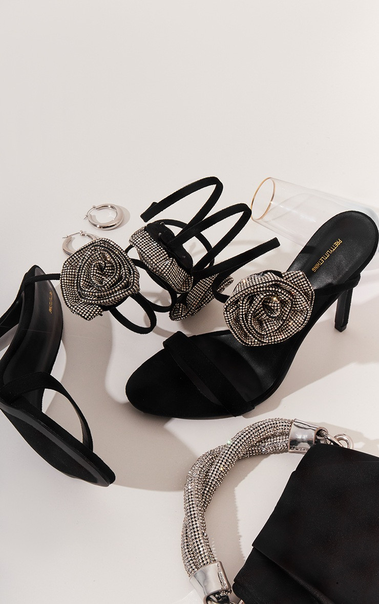 Black Faux Suede Round Toe Corsage Detailed Spiral High Heeled Sandals | PrettyLittleThing US