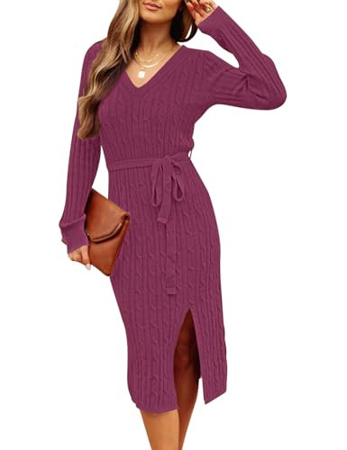 MEROKEETY Women's 2025 Fall Long Sleeve Bodycon Sweater Dress Winter V Neck Cable Knit Slit Midi ... | Amazon (US)