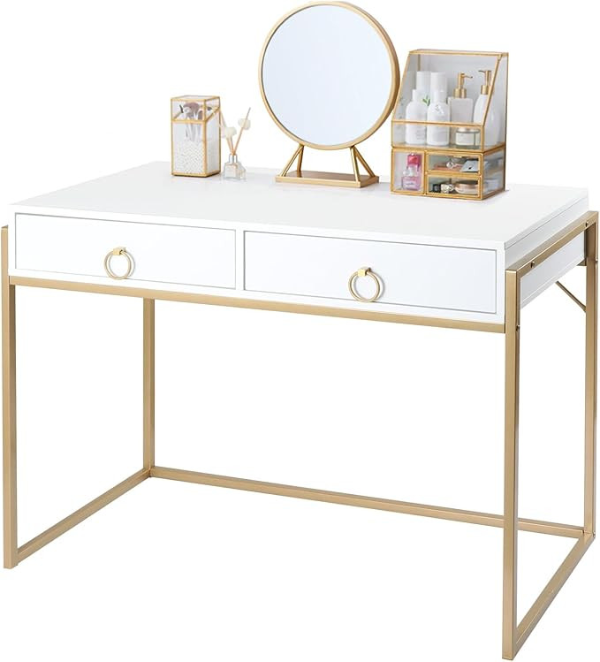 White Desk with 2 Drawers, Modern Makeup Vanity Desk for Bedroom, Small Computer Desk for Home Of... | Amazon (US)