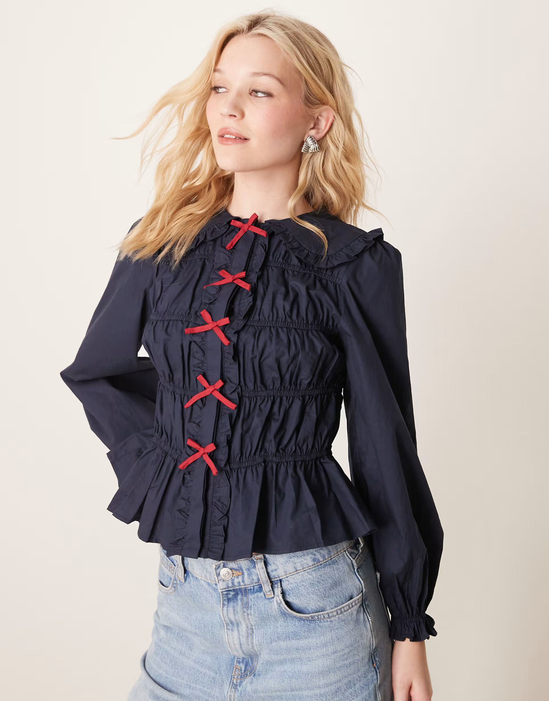 Glamorous crinkle long sleeve top with red tie front bows in navy | ASOS (Global)