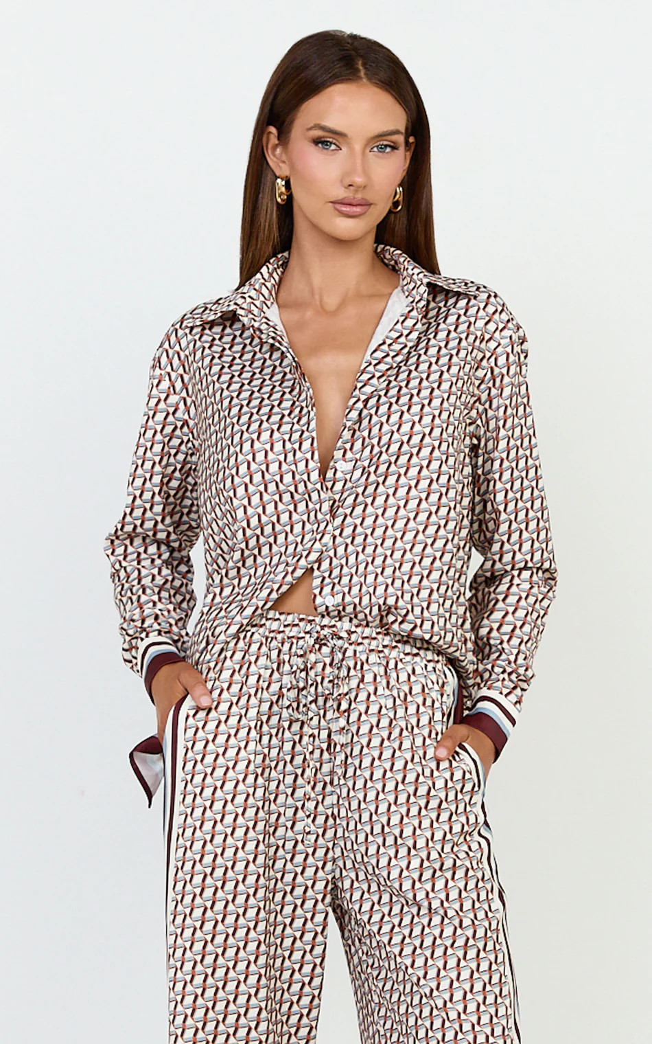 Geo Border Print Button Front Long Sleeve Shirt in Multi | Showpo (US, UK & Europe)