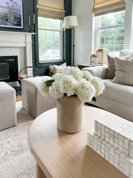 Amazon hydrangea arrangement, living room decor, home decor. I used 12 Amazon hydrangeas in a large crock for a pretty, neutral, year-round floral arrangement. 

#LTKunder50 #LTKunder100 #LTKhome