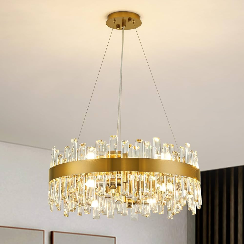Siljoy Modern Crystal Chandelier Brass Gold Round 2-Tiers K9 Crystal Raindrop Chandelier Flush Mo... | Amazon (US)