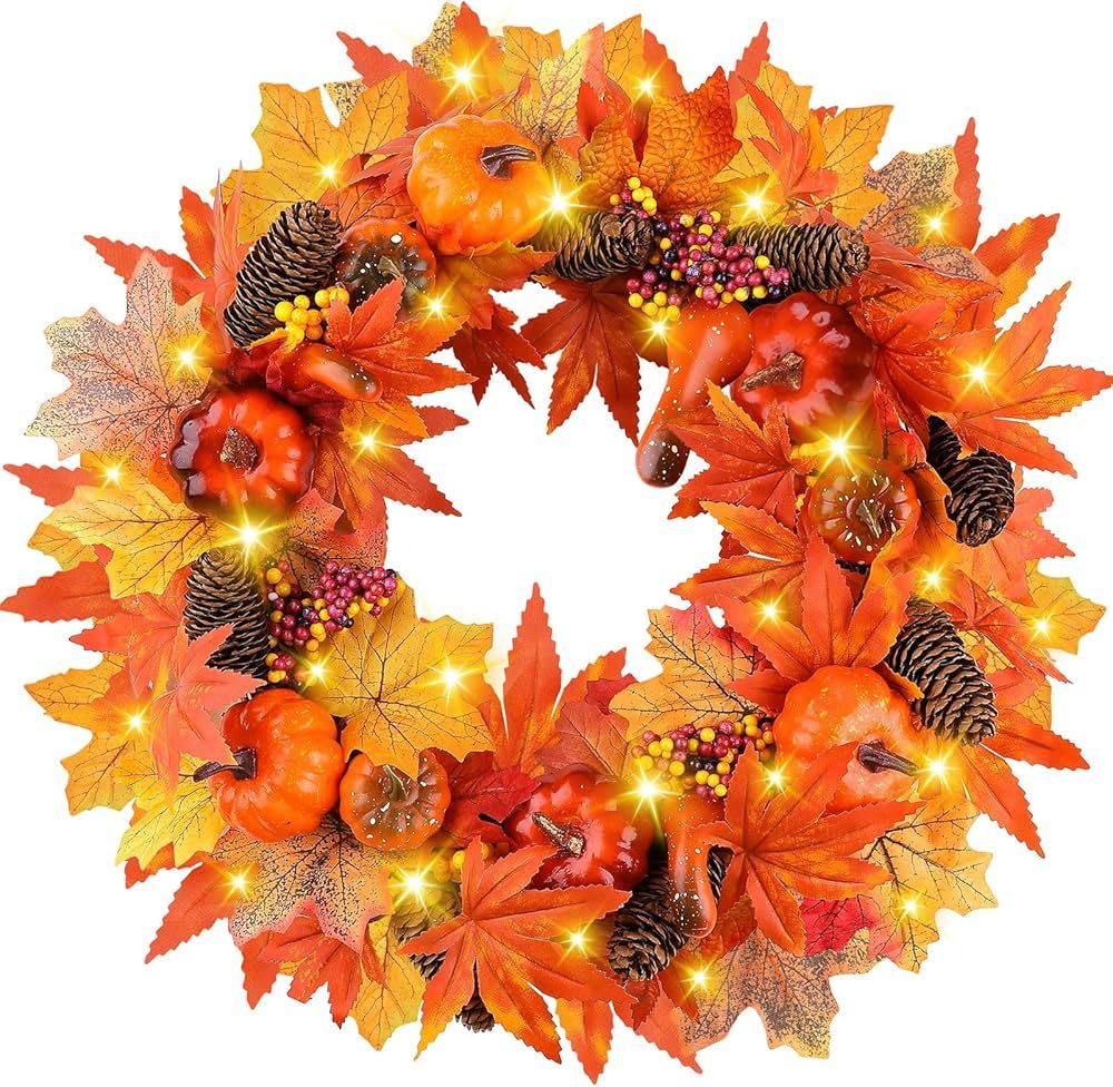 AmyHomie Fall Wreaths for Front Door,18 Inch Fall Decor Wreath,30 LED Artificial Maple Leaves Pum... | Amazon (US)