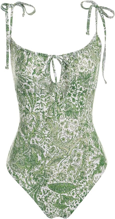 Women's Retro Floral Drawstring Ruched One-Piece Swimsuit Monokini | Amazon (US)