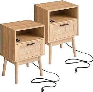 Labcosi Rattan Nightstand, Set of 2, Wooden Bedside Tables with Charging Station, Mid Century Mod... | Amazon (US)