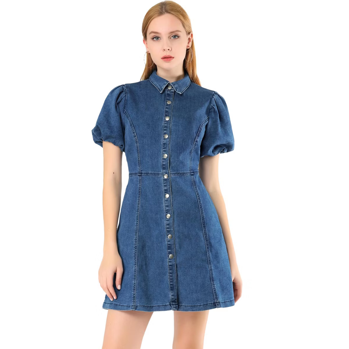 Allegra K Women's Puff Short Sleeve Collared Button Front Mini Jean Denim Dress Dark Blue Small | Target