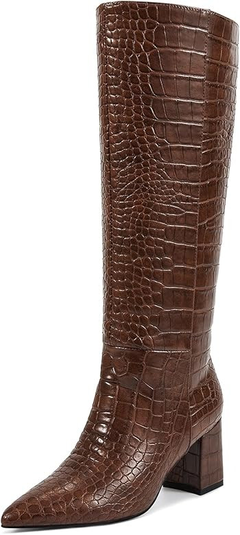 wetkiss Knee High Boots Women Chunky Heel Faux Crocodile Boots Pointed Toe Tall Boots Pull-On Fal... | Amazon (US)