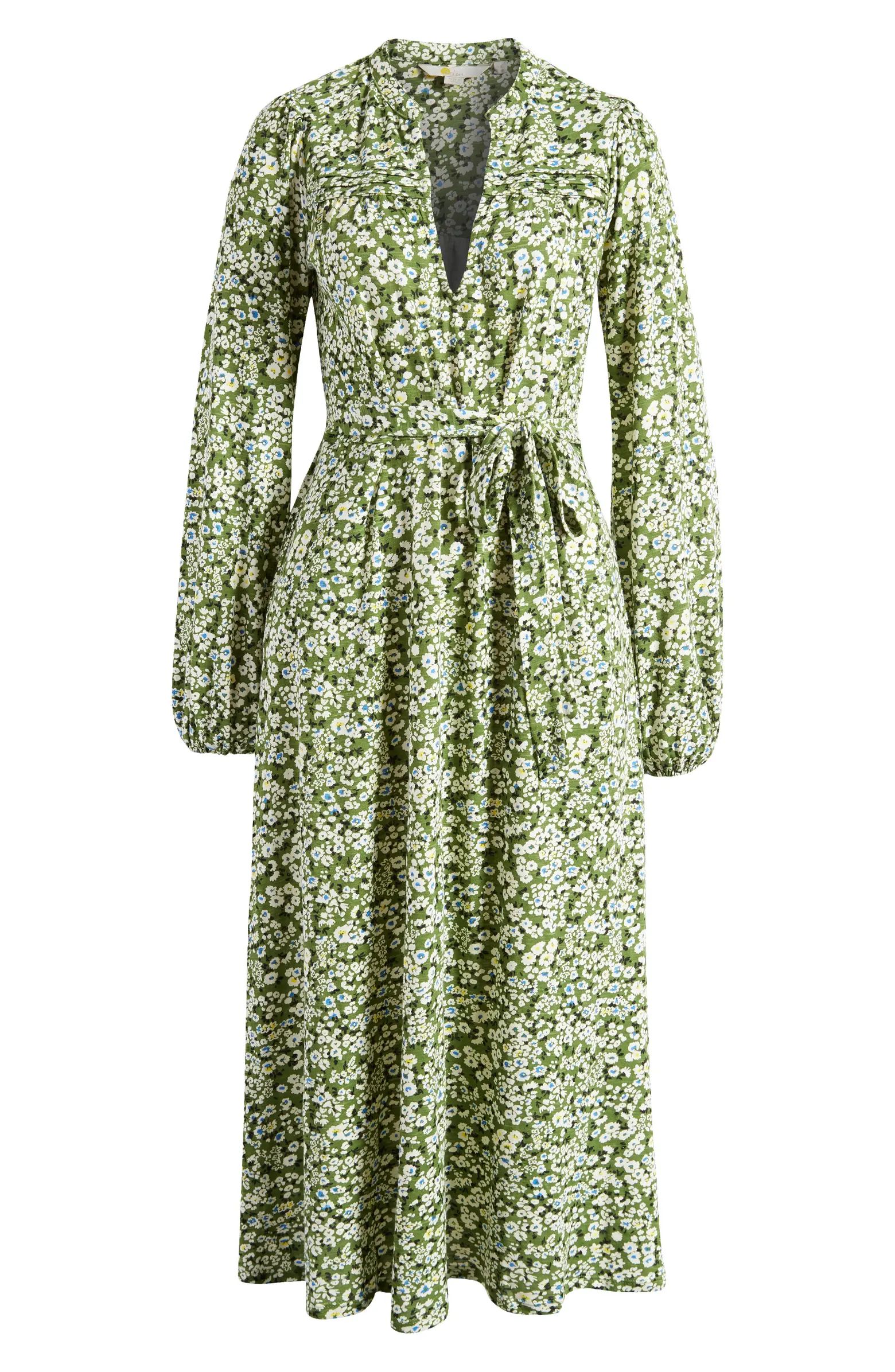 Floral Split Neck Long Sleeve Cotton Blend Midi Dress | Nordstrom