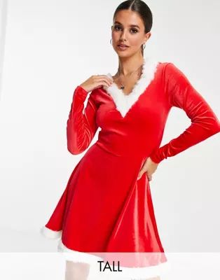 Threadbare Tall santa Christmas velour hooded mini dress with faux fur trim | ASOS (Global)
